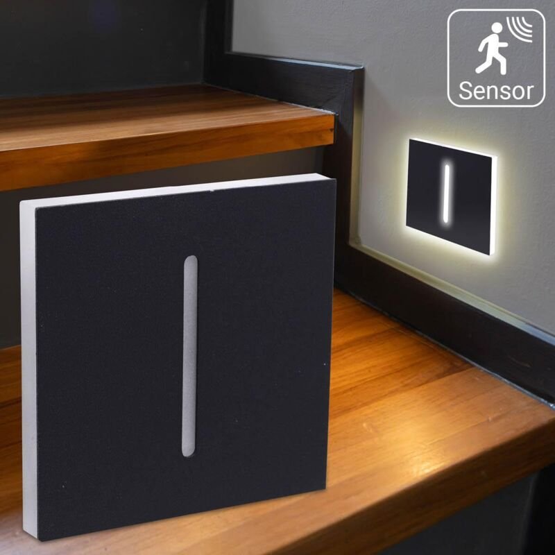 LED Treppenleuchte IP44 mit Bewegungsmelder eckig schwarz - Lichtfarbe: CCT - Lichtaustritt: Fokus