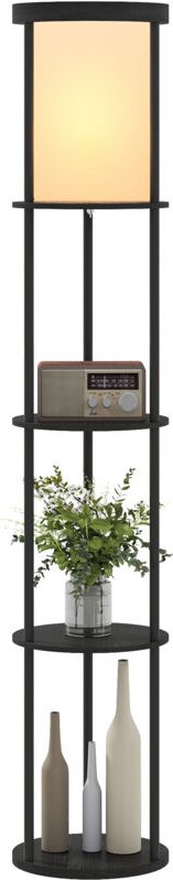 Stehlampe mit 3 Regalen, rundes Design, Fernbedienung, Fußschalter, verstellbare Lichtwärme, für Wohnzimmer, Schwarz