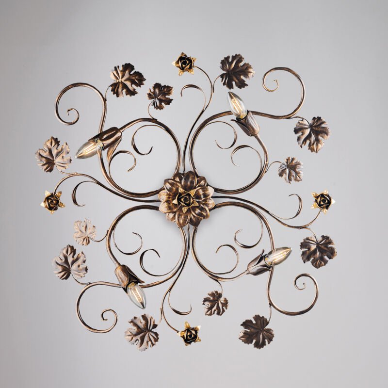 Iris – Deckenleuchte aus braun lackiertem Eisen mit antikem Golddekor, 4 Lichter, H.17 – Ø76 – BL169-PL4-BR