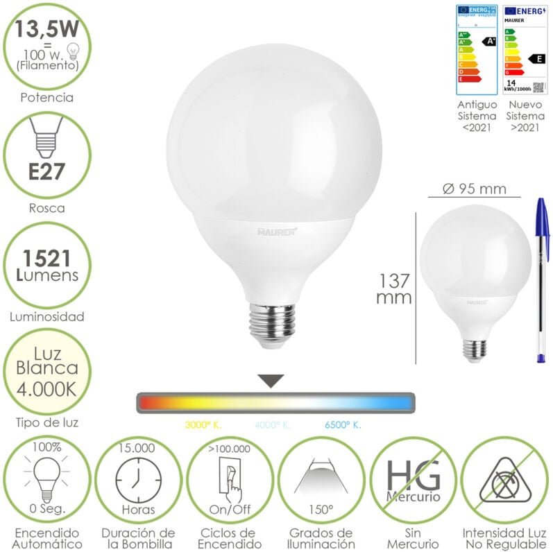 Maurer - Bombilla Led Esfera Globo E27. 13,5 Watt. Equivale a 100 Watt. 1521 Lumenes. Luz Neutra 4000º k.