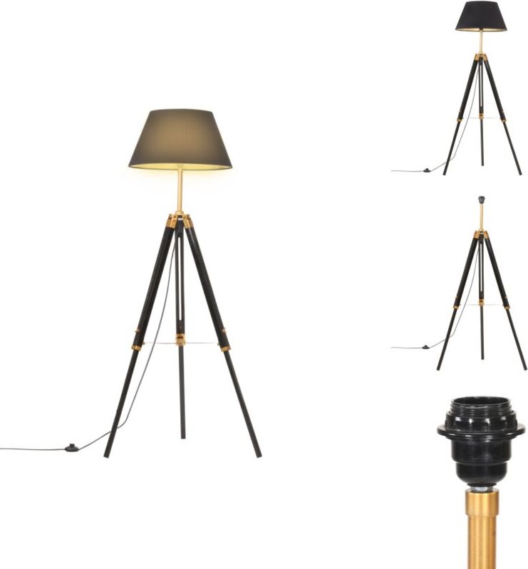 Stativlampe Schwarz und Golden Teak Massivholz 141 cm - Retro-Lampe - Stehlampe - Wohnzimmer Dekoration - Tischleuchte -...