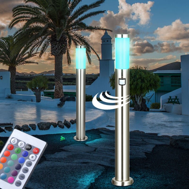 2er Set LED Außenstehlampen 1x Stehleuchte mit Bewegungsmelder Garten Wegeleuchte Edelstahl Außenlampe, E27 RGB LED warm...