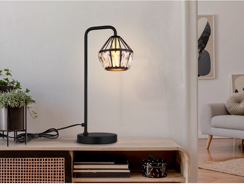 Tischleuchte lois mit Glaskristallen Metall Schwarz Gold, Höhe 43cm