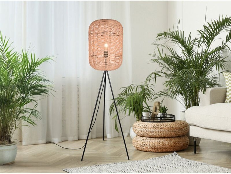 Geflochtene Tripod led Stehlampe Korbleuchte mit Sisal Lampenschirm