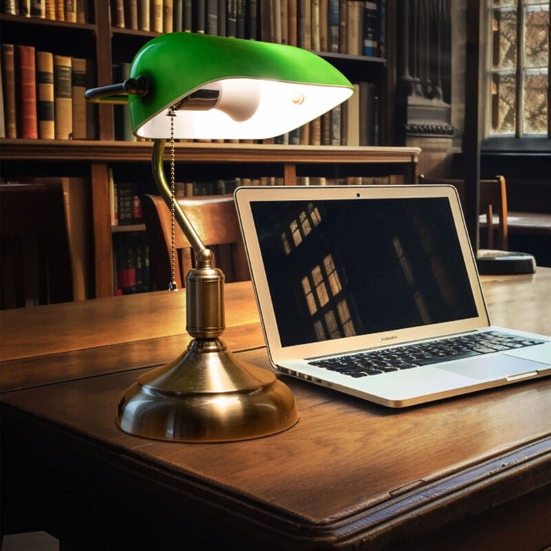 Bankerlampe Glas verstellbar led Tischleuchte Retro grün Schreibtischleuchte Zugschalter, Metall, 3,7W 320lm warmweiß, L...