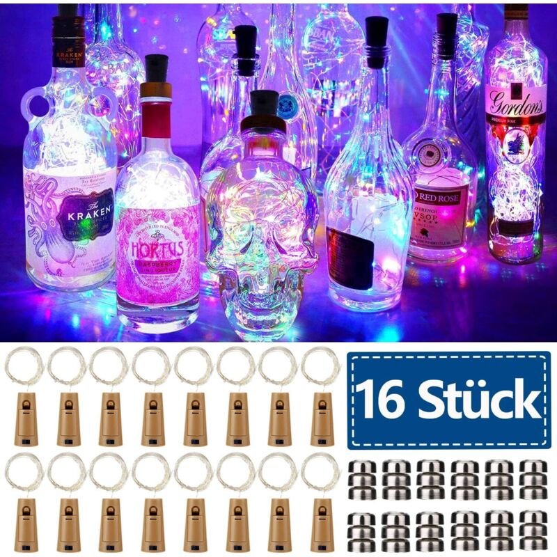 Lichterkette, 16 Stück, 2 m, 20 LEDs, Flaschenlichterkette, wasserdicht, Flaschenlichterkette für Halloween, Weihnachten...