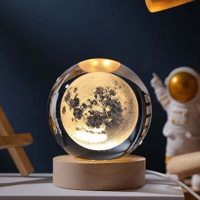 3D-Kristallkugel-Nachtlicht „Mond“ mit LED-Beleuchtung für Kinder mit Holzsockel – Galaxie – Nachtlicht – Geschenk – Ori...