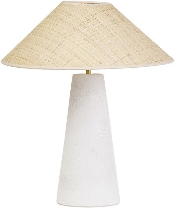 Tischlampe aus weißer Keramik mit Rattanlampenschirm H47 cm juni