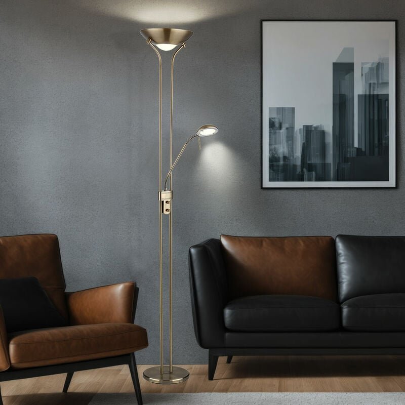 Stehlampe Deckenfluter led dimmbar mit Leselampe LED-Stehlampen mit Dimmer, Lesespot flexibel altmessing, 2x led 16 w 14...