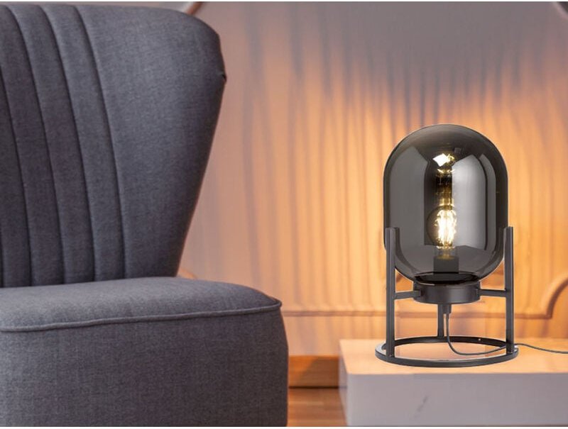 Led Tischlampe Industrial mit Glaskugel Rauchglas, Höhe 34cm