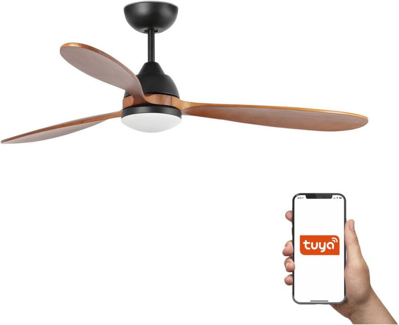 Faro Poros Großer Deckenventilator mit 3 Flügeln, Mattschwarz, Walnuss, mit Licht 2700 k, Tuya Smart System