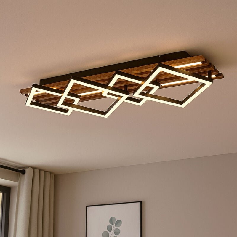 LED Deckenleuchte Holz Wohnzimmerlampe Deckenlampe Quadrate, MDF Metall, 42W 2160Lm warmweiß, LxBxH 82x31x9,5 cm