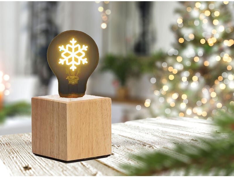 Meinewunschleuchte - Tischlampe Würfel Holz Eiche mit Deko led Glühbirne Schneeflocke, Quadrat 9cm