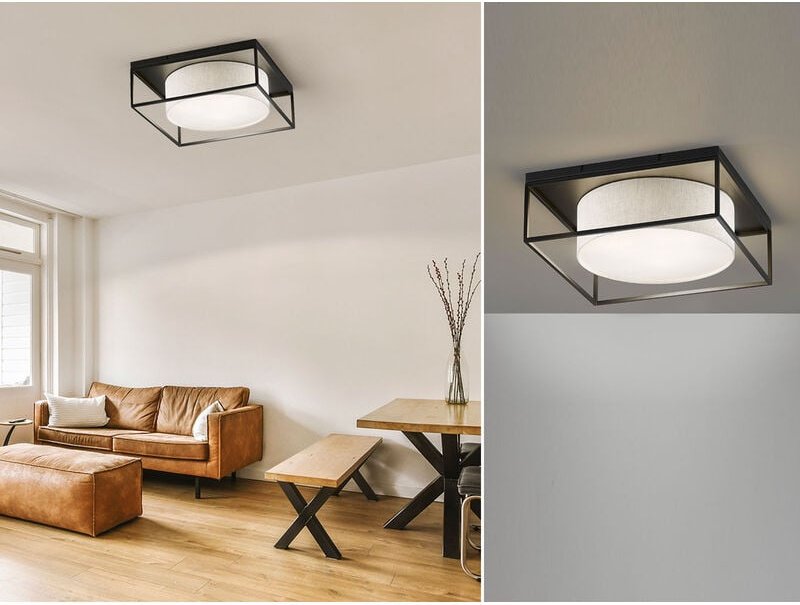 Meinewunschleuchte - led Deckenleuchte eckig groß mit Leinen Stoffschirm Beige, Quadrat 50cm