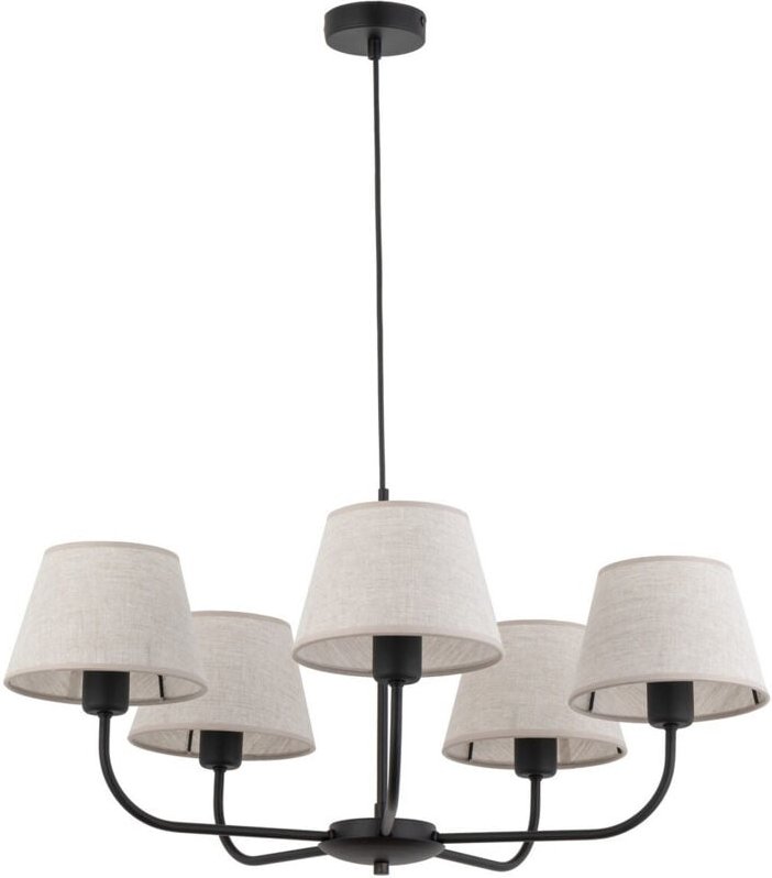 TK Chicago Mehrarmige Pendel-Deckenleuchte Schwarz, Leinenschirm 5xE27