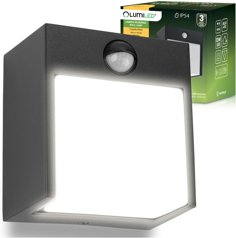 LED-Gartenwandleuchte, Außenwandleuchte mit PIR-Sensor, IP54, 12 W, 3000 K, RUBUS LUMILED