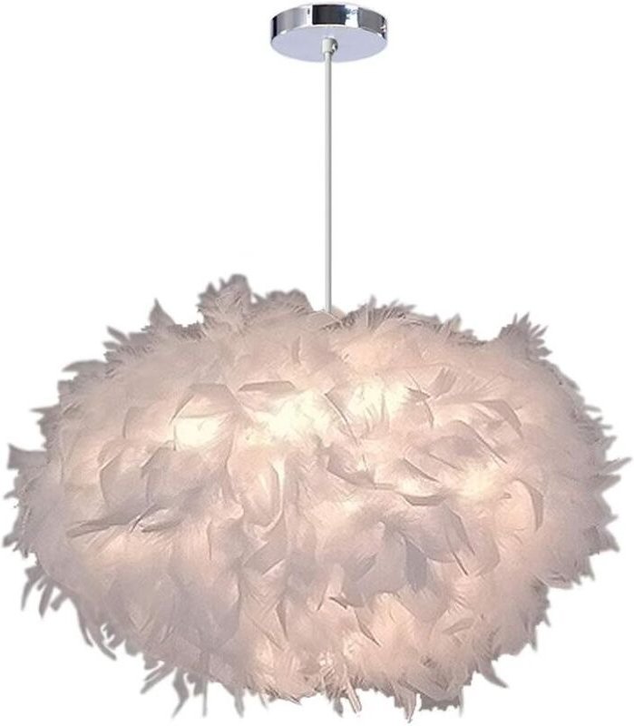 Tonchean - Moderne weiße Feder-Pendelleuchte, ovale Pendelleuchte für Schlafzimmer, Durchmesser 40 cm, Höhe 25 cm