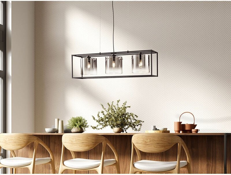 Meinewunschleuchte - led Pendelleuchte 3-flammig Schwarz mit Rauchglas, Breite 90cm