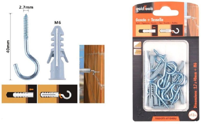 Trade Shop Traesio - Trade Shop - set 12 pezzi viti vite zu gancio 2.7X40MM + tasselli mit alette tassello M6 90736 -