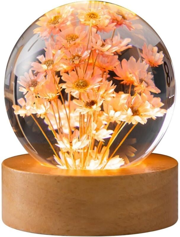 Nachtlicht mit Blumenkristallkugel, 6 cm große Glaskugellampe mit Holz und LED-Lichtsockel, USB-Ladefunktion für Blumene...