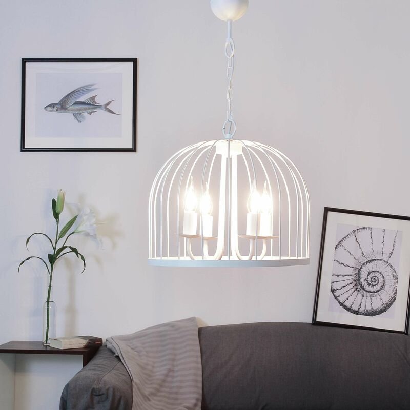 Hängelampe Weiß Metall Ø 39 cm Käfig Schirm für 4x E14 Pendelleuchte Esszimmer Wohnzimmer