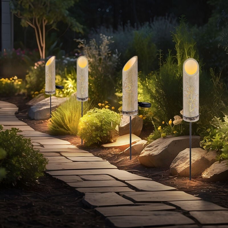 Steckleuchte Bambus Solarleuchte Erdspieß Bambuslampe Solar, Dekor-Stanzungen, grün, led warmweiß, DxH 12x79,5 cm, 4er S...