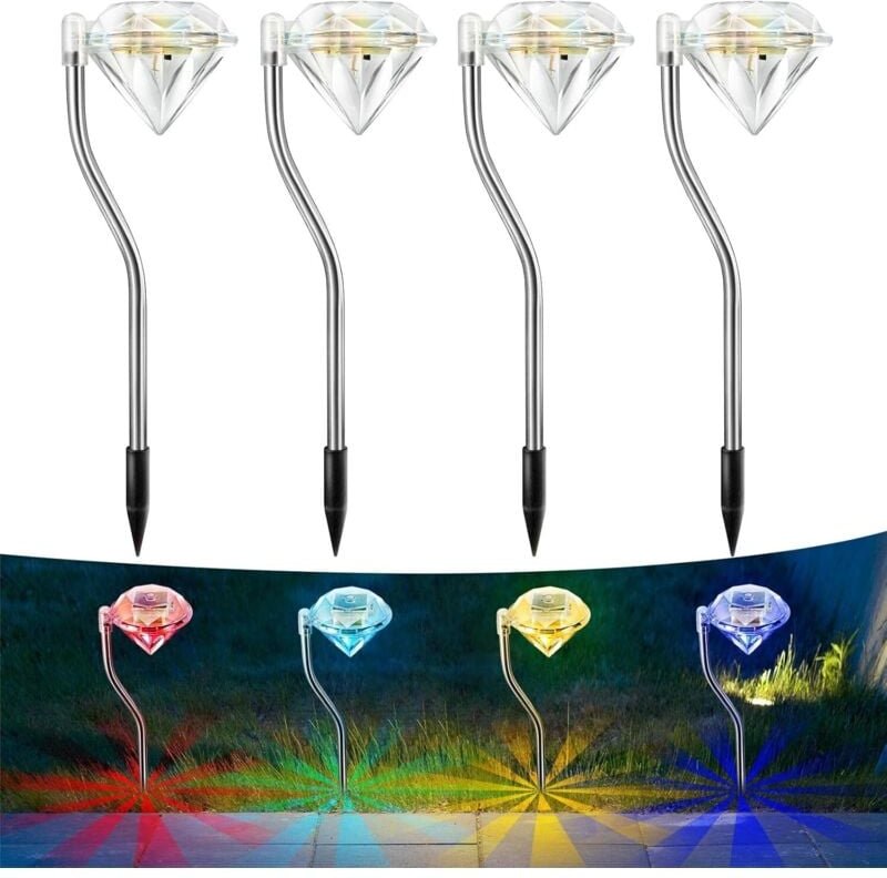 4 Solarleuchten mit Farbwechsel – solarbetriebene Außenleuchten in Diamantform für Partydekoration, Rasen, Hof, Einfahrt...