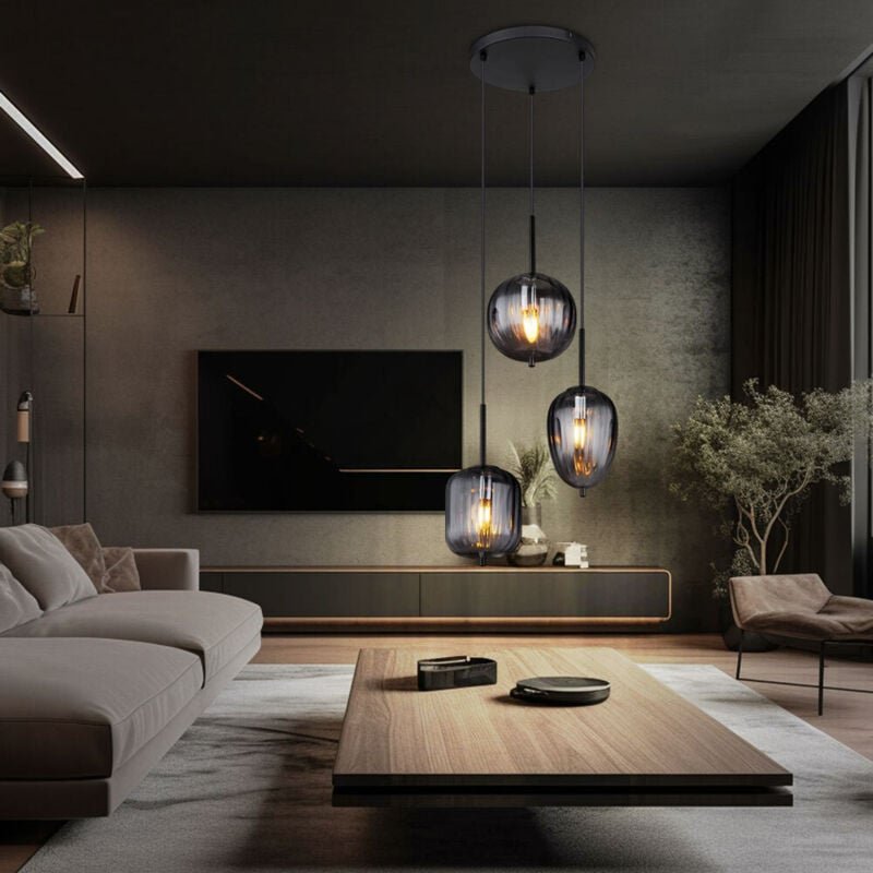 Thumbnail - Hängelampe Pendelleuchte Deckenlampe Wohnzimmerleuchte Esszimmerlampe, Metall schwarz Glas rauchfarben, 3 Flammig E14, h...