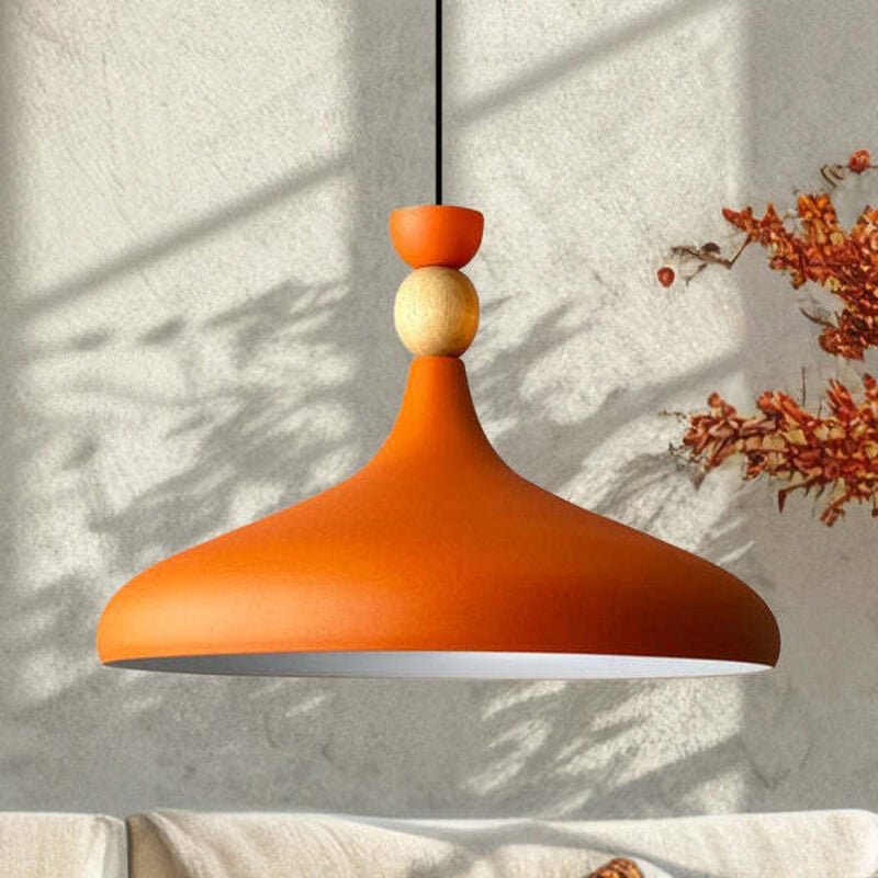 Schlichte Orange Pendelleuchte in Hutform aus Holz – Vintage-Kronleuchter E27 Ø35 cm für Wohnzimmer, Schlafzimmer oder E...