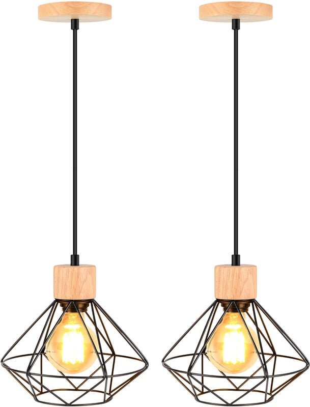 2x Industriell Pendelleuchte in Rautenform Metall Hölzern Kronleuchter Lüster E27 für Schlafzimmer Dachgeschoss Flur Kor...