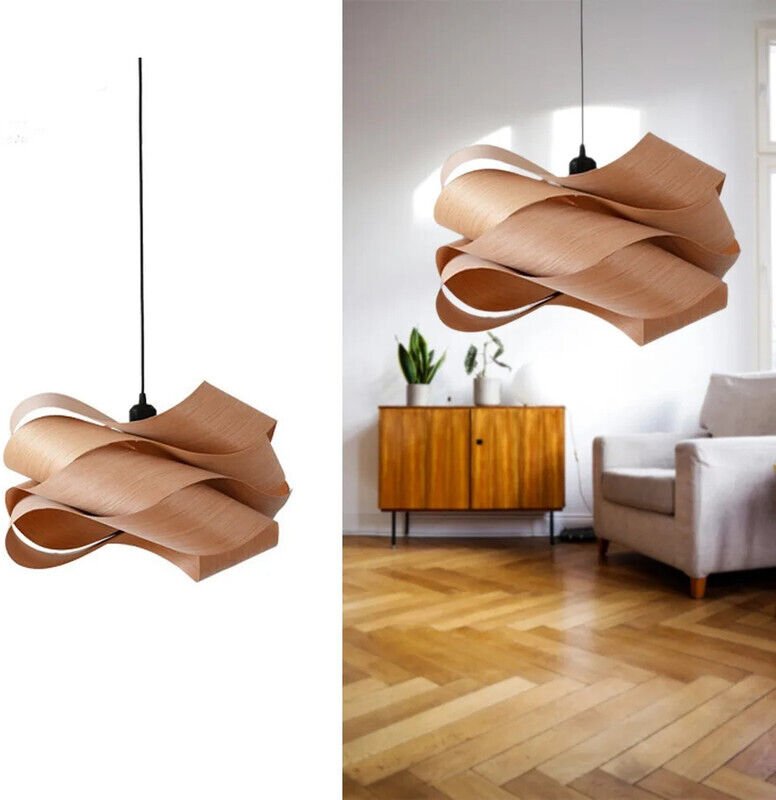 Moderne Pendelleuchte von JOYINLED aus Holzfurnier, 45 cm hoher, geschwungener Kronleuchter aus natürlicher Eiche, handg...