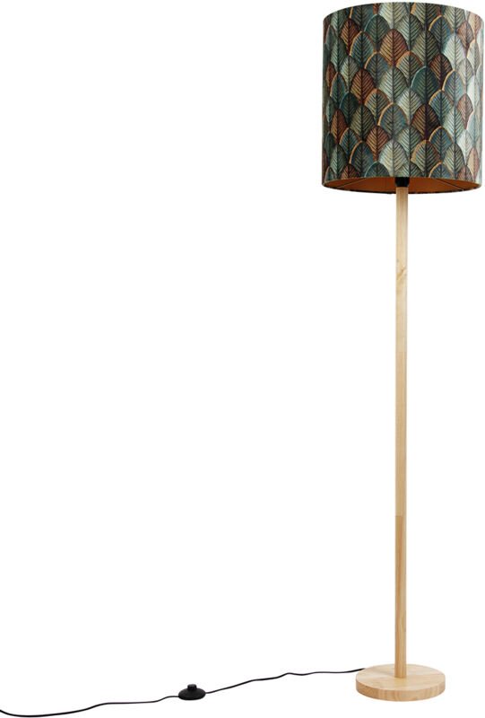 Holzstehleuchte mit Samtlampenschirm Blattdesign und goldener Innenseite - Mels