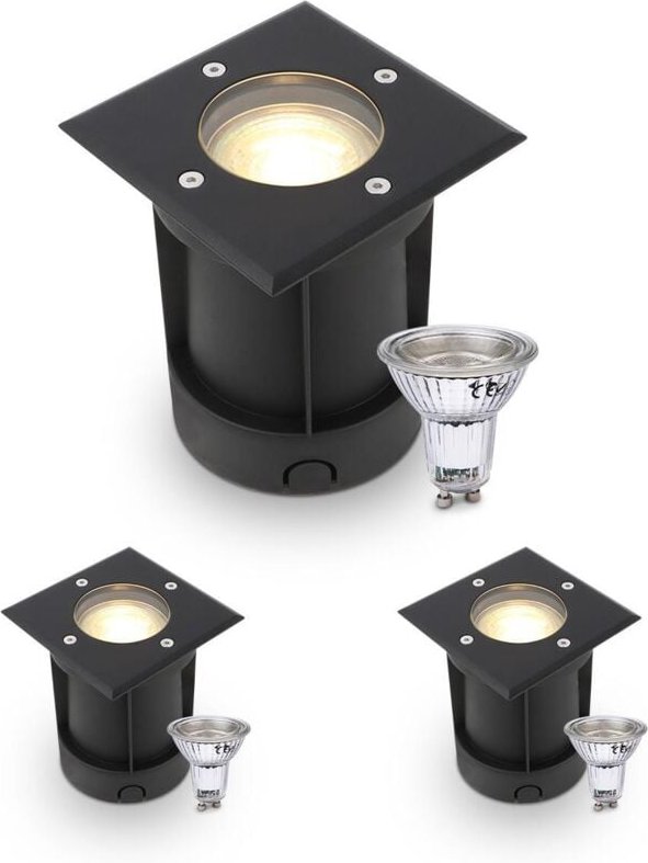 LED Bodeneinbaustrahler Schwarz eckig 230V IP67 - Leuchtmittel: GU10 5W 2700K DIMMBAR - Anzahl: 3x