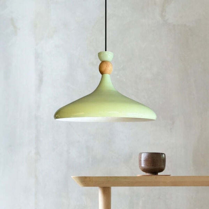 Schlichte Minzgrün Pendelleuchte in Hutform aus Holz – Vintage-Kronleuchter E27 Ø35 cm für Wohnzimmer, Schlafzimmer oder...