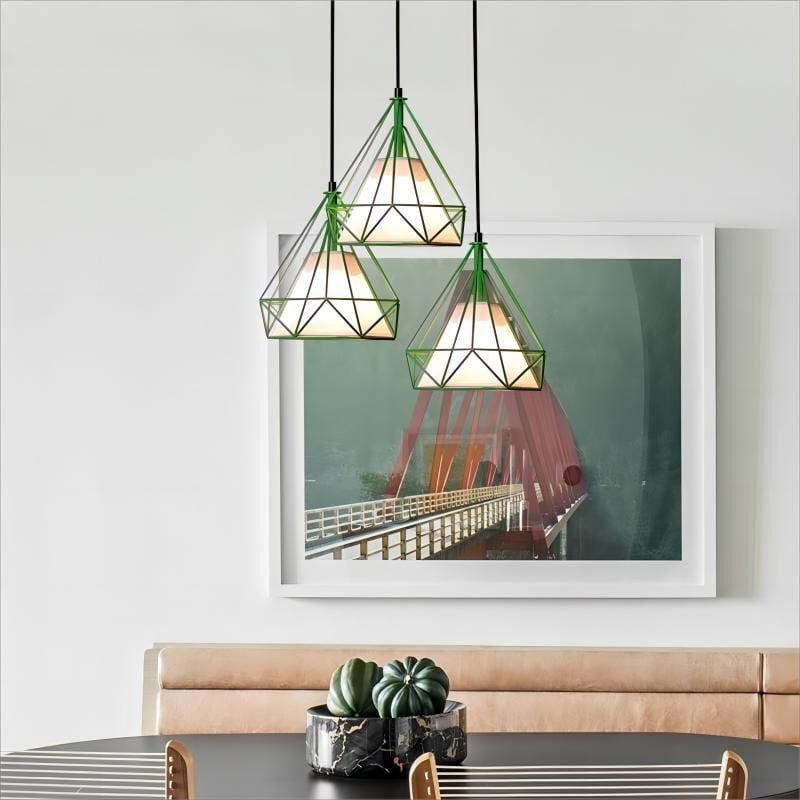 Thumbnail - 3 Stück Vintage Pendelleuchte Industrie Hängelampe Rautenförmig Lampenschirm Käfig Deckenleuchter Grüne Ø25cm