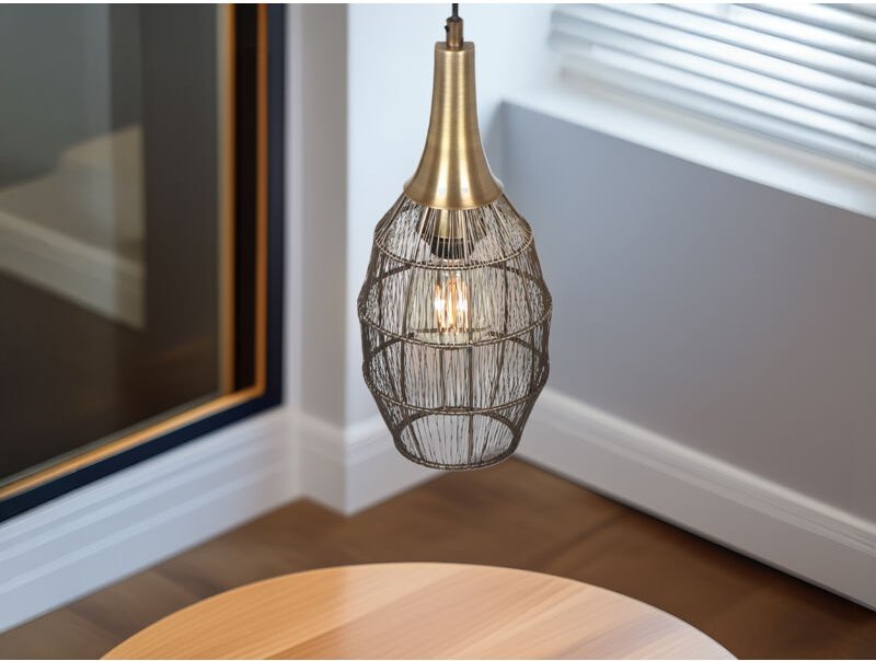 Meinewunschleuchte - led Pendelleuchte mit Drahtgeflecht Lampenschirm Oval Altmessing, ø 26cm