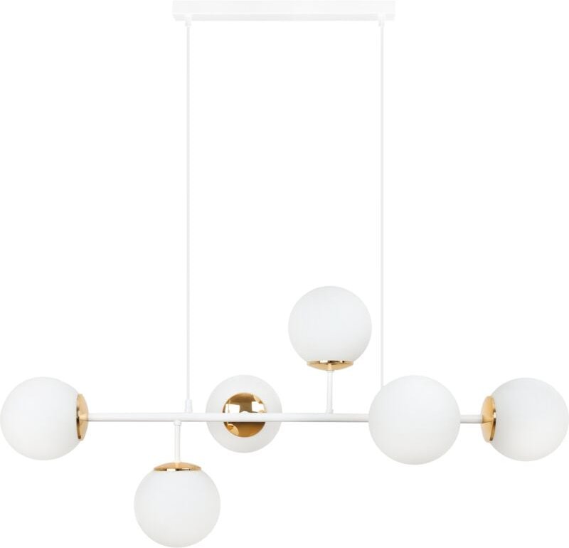 Siena Weiss-Gold Deckenleuchte 6 Flache Weisse Lampenschirme E14 Lange Arme