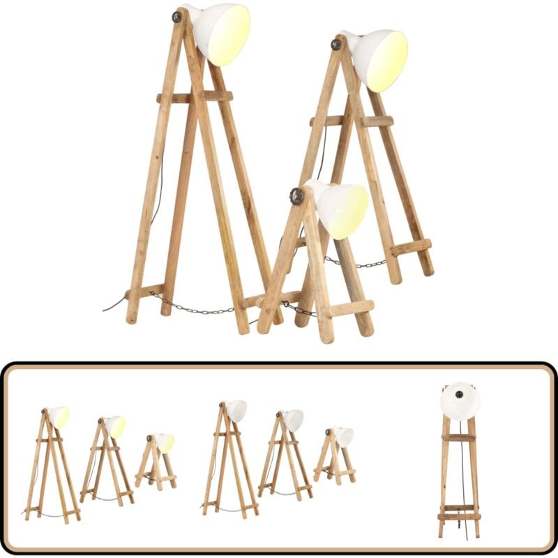 Thumbnail - Stehlampen 3 Stk. Weiß E27 Mango Massivholz - Vintage Lampe - Stehlampe Set - Holzstelenleuchte - Industrielle Deko - Wo...
