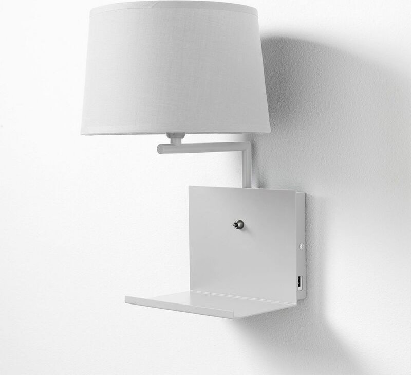 Wandleuchte mit USB, Metall in Weiß und Stoff, Modell Hamie White