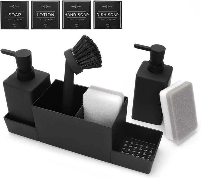 Spülmittelspender Küche, Seifen und Spülmittelspender Set, Spüli und Seifenspender Küche Set mit Schwammhalter Bürste, S...