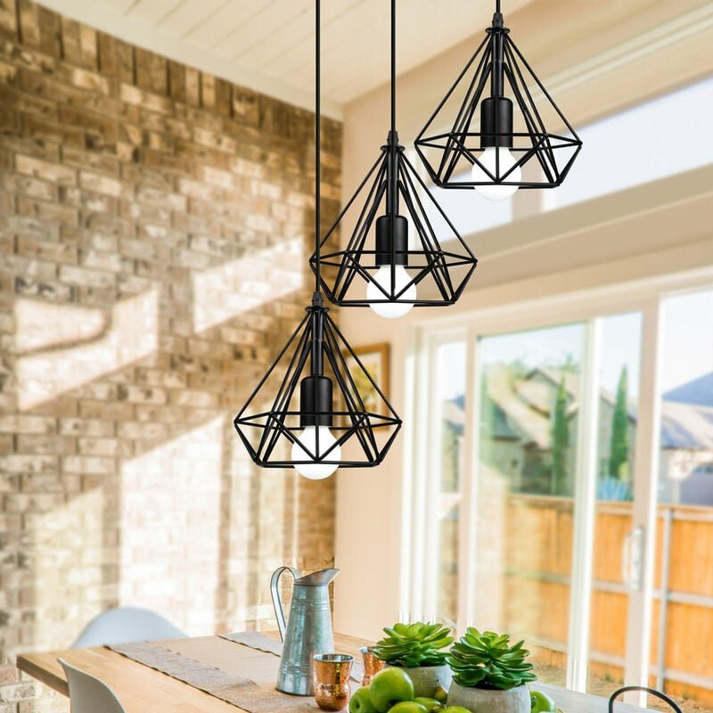 Pendelleuchte 3 Flammig Industri Hängelampe mit Käfig Metall E27 Edison Diamant Lampe für Loft Esszimmer Schlafzimmer Hö...