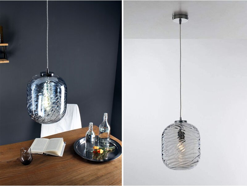 Led Pendelleuchte Wellenmuster Rauchglas Seeblau, ø 24,5cm