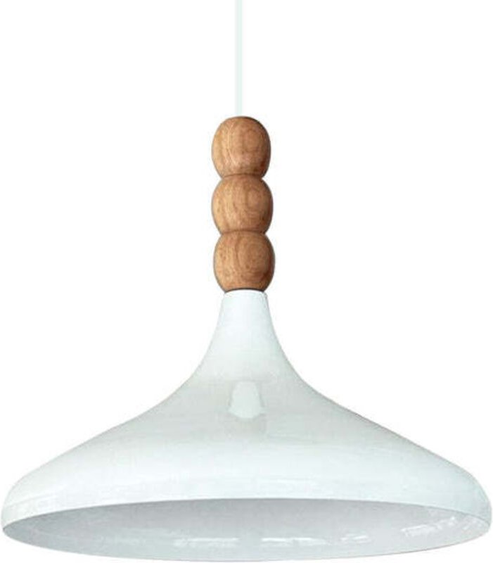 Schlichte Hängelampe aus Holz mit Drei Weiß Perlen, Innenseite Weiß – Vintage-Kronleuchter E27 Ø35 cm für Wohnzimmer, Sc...