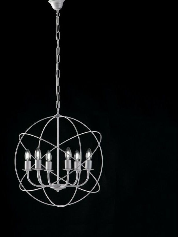 Kronleuchter Deko Pendelleuchte Eisen Weiß Silber sechs Lichter 51x h55 cm