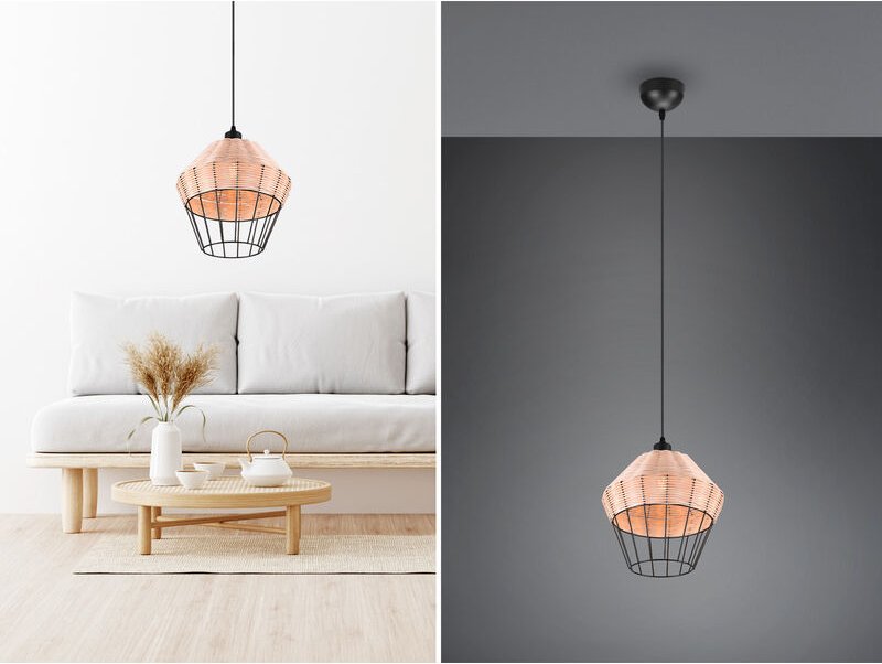 Meinewunschleuchte - led Pendelleuchte mit Rattan Geflecht Natur und Gitter im Boho Stil, ø 30cm