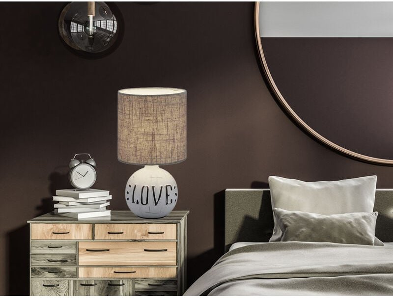 Tischleuchte esna Keramik-Sockel Schriftzug love Stoffschirm Braun, Höhe 31cm