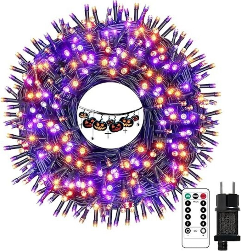 Außendekoration, 20 m lange Lichterkette mit 200 LEDs, orange und lila, für drinnen und draußen, Weihnachtsdekoration, 8...