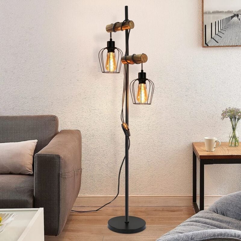 Vintage Stehlampe Wohnzimmer 2 flammige Holz Retro Standleuchte im Industrial Design aus Metall und Holz - inkl. Schalte...