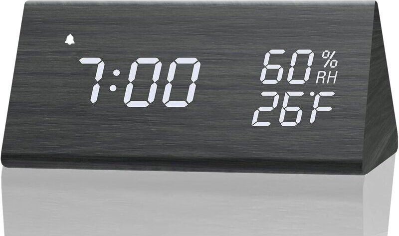 Thumbnail - Digitaler Wecker mit elektronischer LED-Zeitanzeige aus Holz, 3 Alarmeinstellungen, Feuchtigkeits- und Temperaturerkennu...