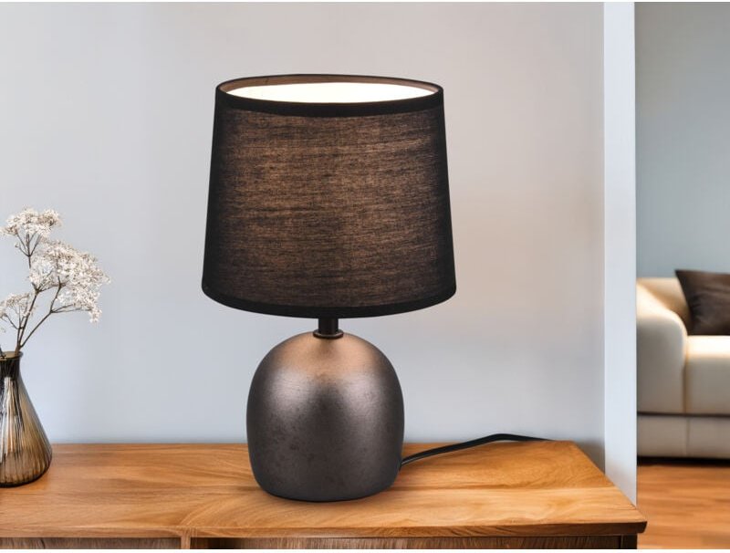 Meinewunschleuchte - led Tischleuchte Keramikfuß Silber & Stoffschirm Schwarz, Höhe 26cm